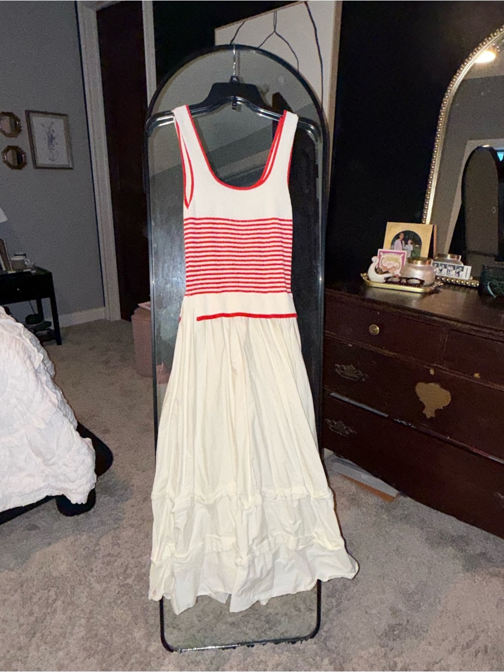 Moon River Cream Maxi Dress with Red Striped Bodice
